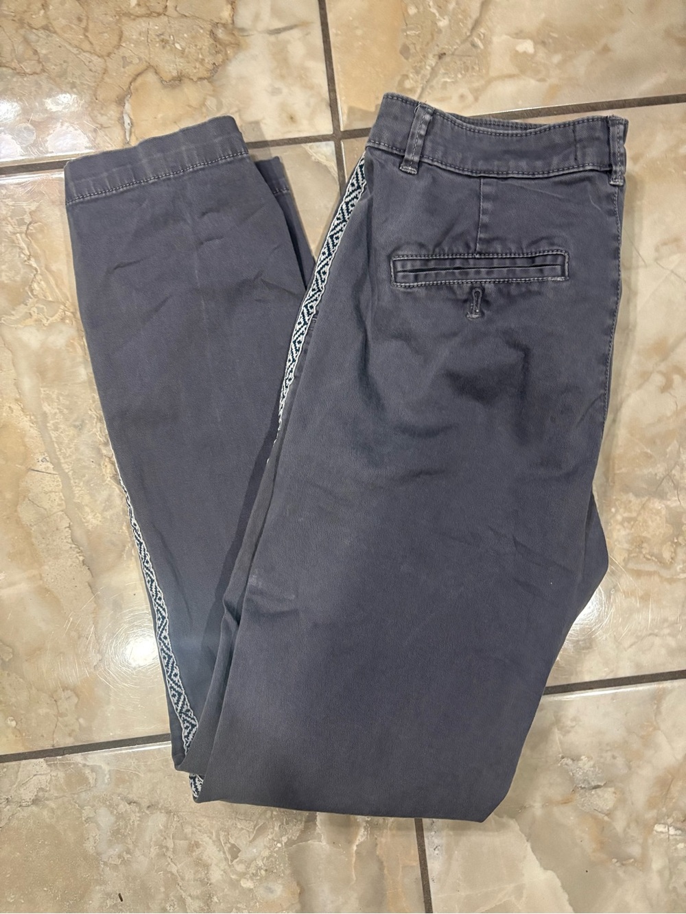 Anthropologie Straight-Leg Pants in Slate Blue with Embroidered Side Trim